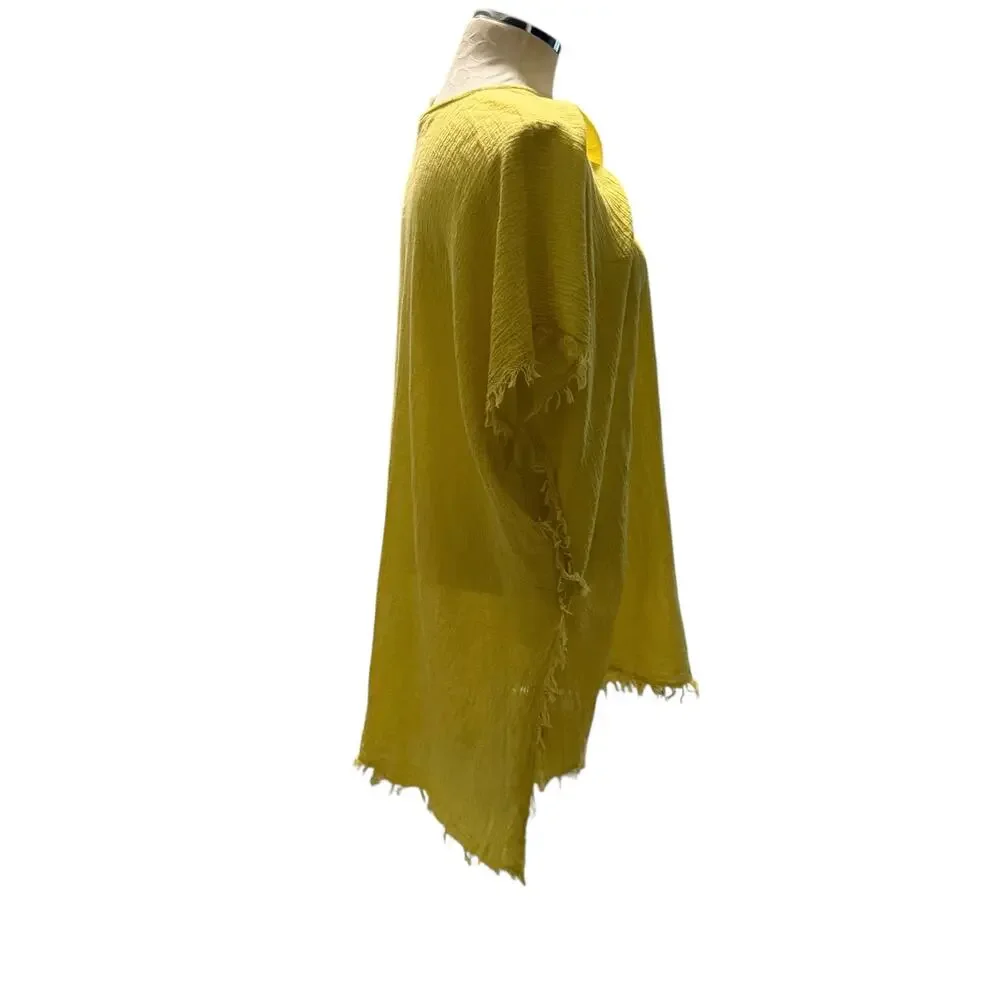 Eileen Fisher Yarow Lightweight Organic Cotton Poncho Yellow Frayed Edges OS